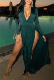 Blue Sexy Casual Solid Slit V Neck Long Dresses