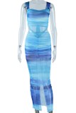 Sky Blue Sexy Print Frenulum Backless Slit Spaghetti Strap Sleeveless Two Pieces