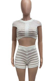 White Sweet Solid Patchwork See-through O Neck Short Sleeve Two Pieces