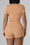 Pink Casual Solid Patchwork Zipper Zipper Collar Short Sleeve Two Pieces