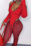 Red Street Print Hollowed Out Patchwork Zipper Halter Tops