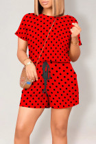 Red Casual Print Polka Dot Draw String Contrast O Neck Loose Rompers