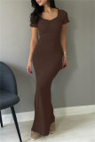 Grey Casual Solid Basic V Neck Long Dresses