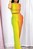 Colour Casual Street Gradient Print Pocket Contrast O Neck Short Sleeve Two Pieces