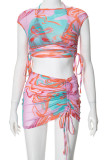 Pink Street Print Patchwork See-through Fold O Neck Sleeveless Three Pieces