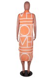 Blue Casual Print Patchwork Asymmetrical Turndown Collar Sleeveless Dresses