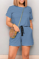 Blue White Casual Striped Patchwork Draw String Pocket O Neck Regular Rompers