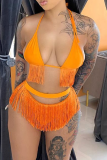 Red Sexy Solid Tassel Hollowed Out Swimwears