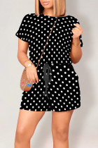 Black Casual Print Polka Dot Draw String Contrast O Neck Loose Rompers