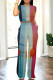 Blue Red Casual Street Gradient Print Pocket Contrast O Neck Short Sleeve Two Pieces
