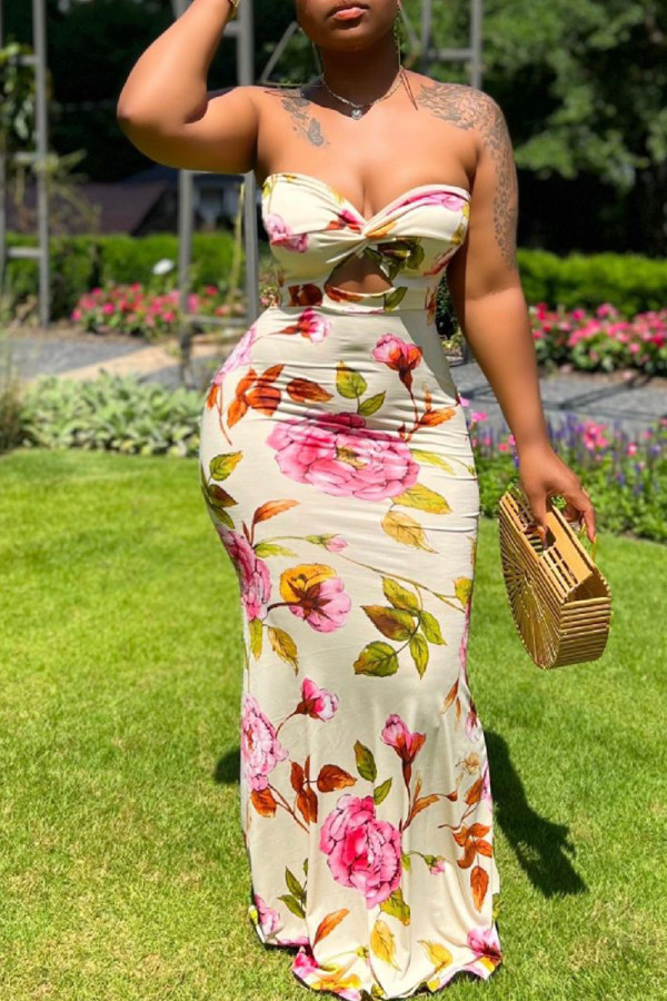 Cream White Elegant Print Hollowed Out Patchwork Backless Strapless Long Dresses