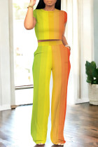Orange Yellow Casual Street Gradient Print Pocket Contrast O Neck Short Sleeve Two Pieces