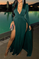 Ink Green Sexy Casual Solid Slit V Neck Long Dresses