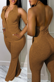 Brown Sexy Casual Solid Backless Halter Skinny Jumpsuits