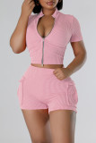 Pink Casual Solid Patchwork Zipper Zipper Collar Short Sleeve Two Pieces