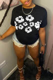 Black Casual Print Flowers O Neck T-Shirts