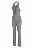 Beige Sexy Casual Solid Backless Halter Skinny Jumpsuits