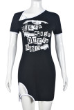 Black Sexy Print Hollowed Out Patchwork Asymmetrical Collar Wrapped Skirt Dresses