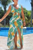 Green Sexy Print Hollowed Out Patchwork V Neck Long Dresses