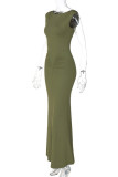 Coffee Casual Solid Basic O Neck Long Dresses
