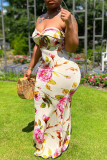 Cream White Elegant Print Hollowed Out Patchwork Backless Strapless Long Dresses