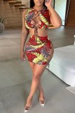 Red Sexy Print Hollowed Out Frenulum O Neck Sleeveless Two Pieces