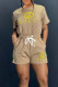Khaki Casual Letter Patchwork Draw String Pocket O Neck Short Sleeve Two Pieces