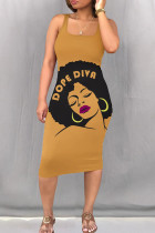 Yellow Casual Print Patchwork Square Collar Wrapped Skirt Dresses