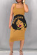 Yellow Casual Print Patchwork Square Collar Wrapped Skirt Dresses