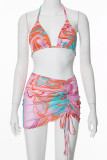 Pink Street Print Patchwork See-through Fold O Neck Sleeveless Three Pieces
