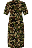 Orange Red Casual Camouflage Print Patchwork V Neck Straight Plus Size Dresses