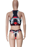 Sky Blue Casual Print Patchwork Swimwears