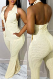 Beige Sexy Casual Solid Backless Halter Skinny Jumpsuits