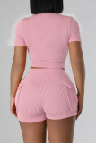 Pink Casual Solid Patchwork Zipper Zipper Collar Short Sleeve Two Pieces