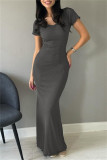 Grey Casual Solid Basic V Neck Long Dresses