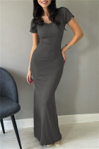 Grey Casual Solid Basic V Neck Long Dresses