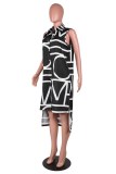 Blue Casual Print Patchwork Asymmetrical Turndown Collar Sleeveless Dresses