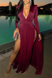 Blue Sexy Casual Solid Slit V Neck Long Dresses