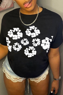 Black Casual Print Flowers O Neck T-Shirts
