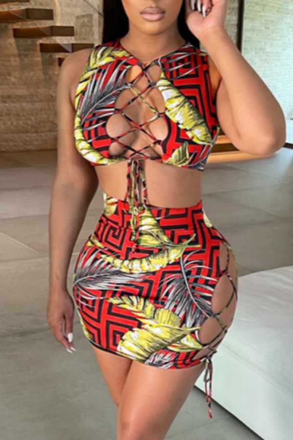 Red Sexy Print Hollowed Out Frenulum O Neck Sleeveless Two Pieces