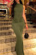 Green Casual Solid Basic O Neck Long Dresses