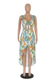 Green Sexy Print Hollowed Out Patchwork V Neck Long Dresses