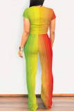 Colour Casual Street Gradient Print Pocket Contrast O Neck Short Sleeve Two Pieces