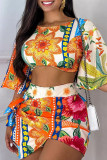Orange Elegant Print Patchwork Fold O Neck Half Sleeve Two Pieces