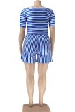 Blue Casual Striped Print Basic O Neck Plus Size Two Pieces