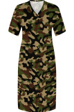 Green Casual Camouflage Print Patchwork V Neck Straight Plus Size Dresses