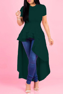 Green Casual Solid Asymmetrical O Neck Short Sleeve Short Sleeve Dress