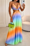 Colour Elegant Gradient Bandage Hollowed Out Patchwork Backless Spaghetti Strap Sling Dresses