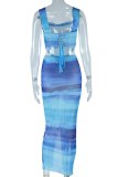 Sky Blue Sexy Print Frenulum Backless Slit Spaghetti Strap Sleeveless Two Pieces