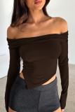 Pink Street Solid Patchwork Fold Off the Shoulder Tops
